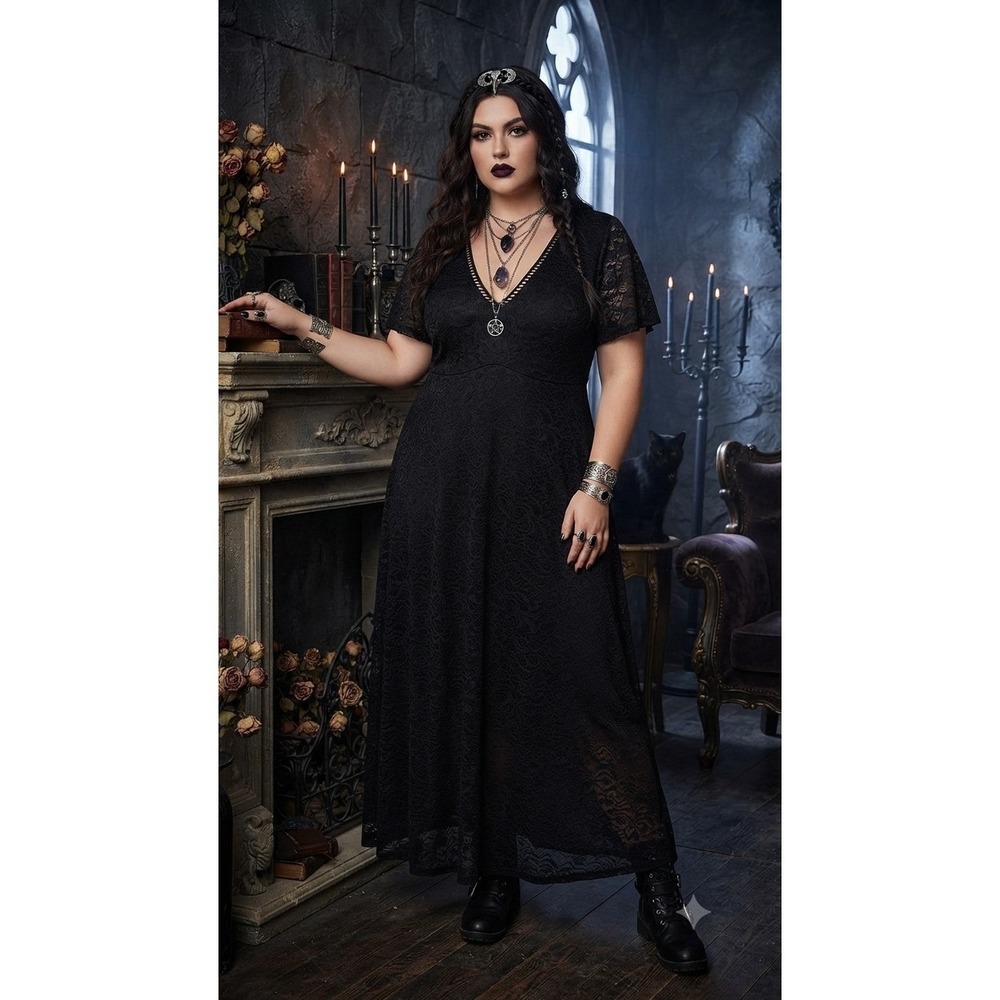 Torrid Black Lace Maxi Dress 14 Dark Romantic Goth V-Neck Flutter Sleeve Gown